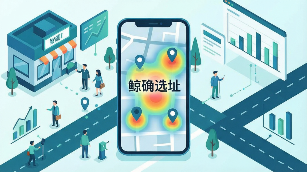 一张表现智能选址场景的插画,画面中央是一部智能手机,屏幕上显示着带有热力分布和标记点的城市地图,地图上标注着“鲸确选址”四个字,手机周围环绕着店铺、人流、道路、数据图表等元素,整体采用扁平化现代科技风格,蓝绿色调为主,布局清晰有层次,细节干净利落,画质高清,无多余杂乱元素