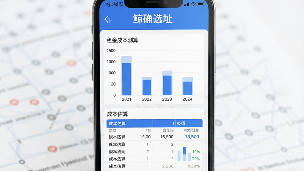 一幅关于租金成本测算的界面示意图,手机屏幕上展示着租金对比柱状图和成本估算表格,界面顶部标注“鲸确选址”,整体风格为简约商务风,蓝白配色,排版整齐,细节清晰,画质高清,画面干净无杂乱元素