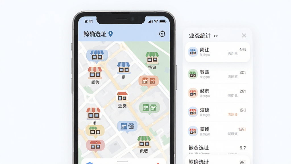 一张表现周边业态扫描功能的示意图,画面中心是手机界面,显示地图上分布着不同颜色的店铺图标和分类标签,一侧有业态统计列表,界面中带有“鲸确选址”字样,整体采用简洁的扁平插画风格,配色柔和,布局清晰,细节精致,画质高清,背景干净