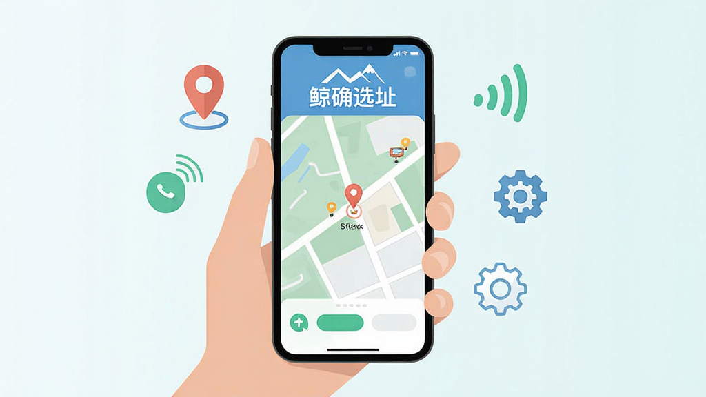 一张表现手机应用使用场景的示意图,画面中一只手拿着手机,屏幕显示地图选点界面和“鲸确选址”字样,周围有定位图标、网络信号、设置齿轮等小元素点缀,整体风格简洁明快,配色清新,布局均衡,细节干净,画质高清,无多余杂乱元素