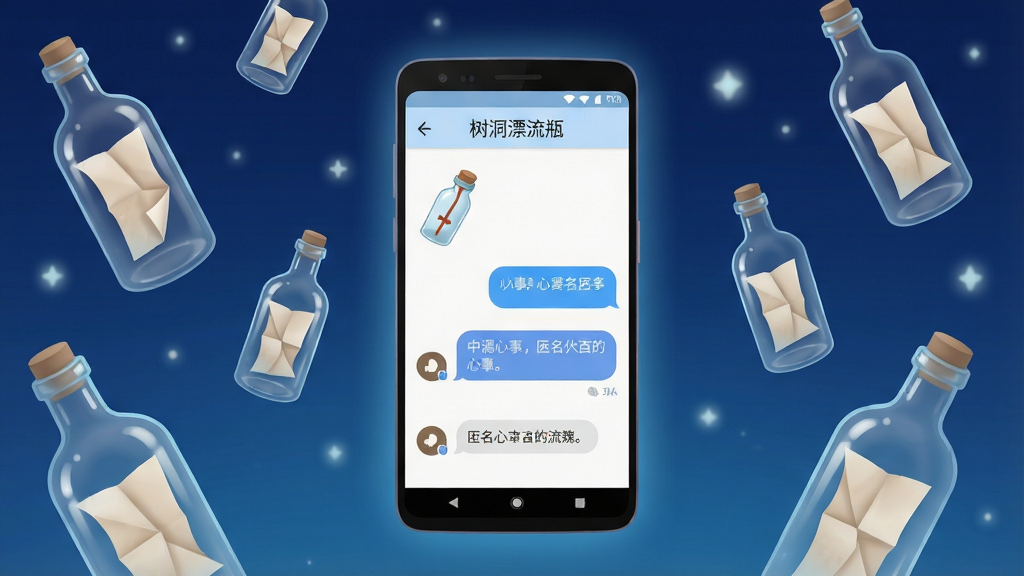 一张手机应用场景插画,画面中央是一部竖屏安卓手机,手机屏幕上显示「树洞漂流瓶」的聊天界面,界面里有漂流瓶图标和匿名心事文字气泡,手机周围漂浮着几个半透明玻璃质感的漂流瓶,瓶内装着折好的纸条,背景是深蓝色夜空与柔和星光,整体布局居中对称,风格清新治愈,细节包括瓶子高光、气泡阴影和屏幕微光,画质清晰干净,无多余元素