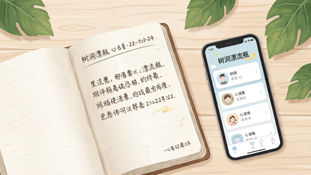 一张清新风格的插画,画面中央是一本打开的笔记本,笔记本页面上有手写风格的中文文字和日期,笔记本旁边是一部手机,手机屏幕显示「树洞漂流瓶」的心事日记列表界面,背景是浅色木质桌面和几片绿色植物叶子,布局为笔记本居左、手机居右,风格文艺安静,细节包括纸张纹理、手机界面卡片和叶脉,画质柔和干净,无多余元素