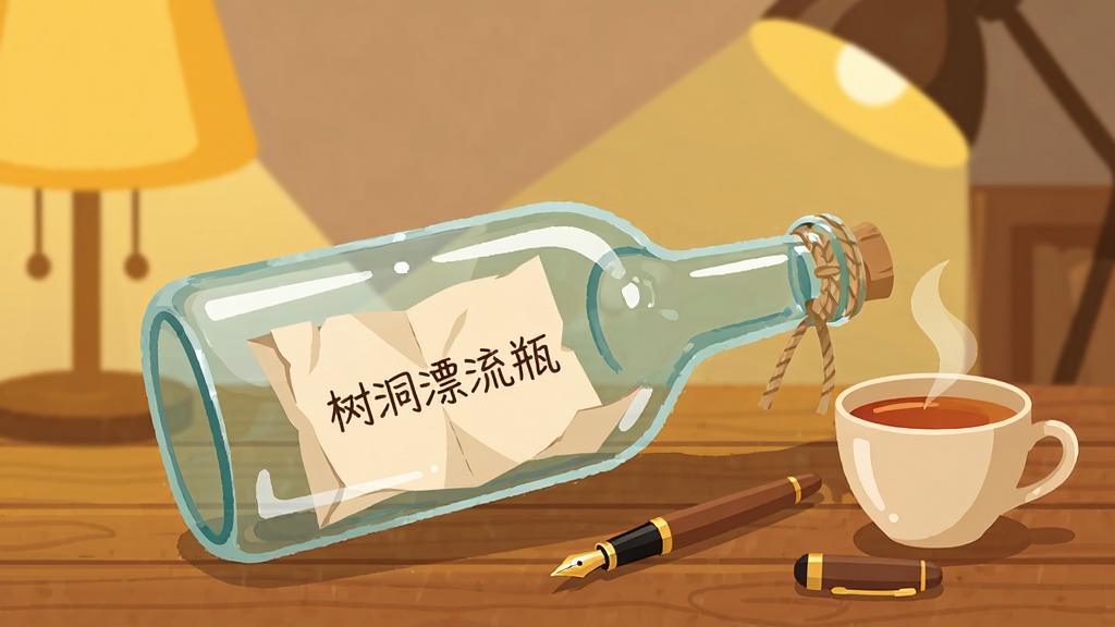 一张扁平化风格插画,画面主体是一个透明玻璃漂流瓶放在木质桌面上,瓶口系着麻绳,瓶内有一张展开的信纸,信纸上写着「树洞漂流瓶」字样,瓶子旁边放着一支钢笔和一杯热茶,背景是暖黄色灯光下的室内一角,布局采用左瓶右杯的横向构图,风格温馨安静,细节包括玻璃反光、信纸折痕和桌面木纹,画质细腻干净,无多余元素
