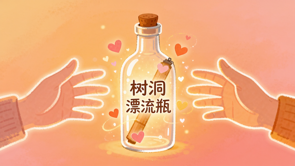 一张温暖色调插画,画面中两只手分别从左右两侧伸向中央,中间是一个发光的漂流瓶,瓶身上浮现「树洞漂流瓶」字样和几个爱心符号,背景是柔和的橙粉色渐变,布局为对称式构图,风格治愈友好,细节包括手部轮廓光、瓶子光效和爱心粒子,画质干净清晰,无多余元素