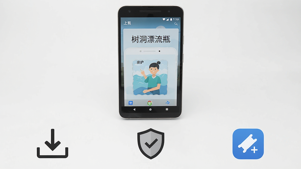 一张手机操作步骤示意图,画面中一部安卓手机竖屏显示「树洞漂流瓶」安装界面,手机旁边排列三个步骤图标,分别是下载箭头、盾牌权限图标和打开应用按钮,背景为浅灰色,布局为手机居中、步骤图标横向排列在下方,风格简洁说明性,细节包括图标线条和手机界面文字,画质清晰干净,无多余元素