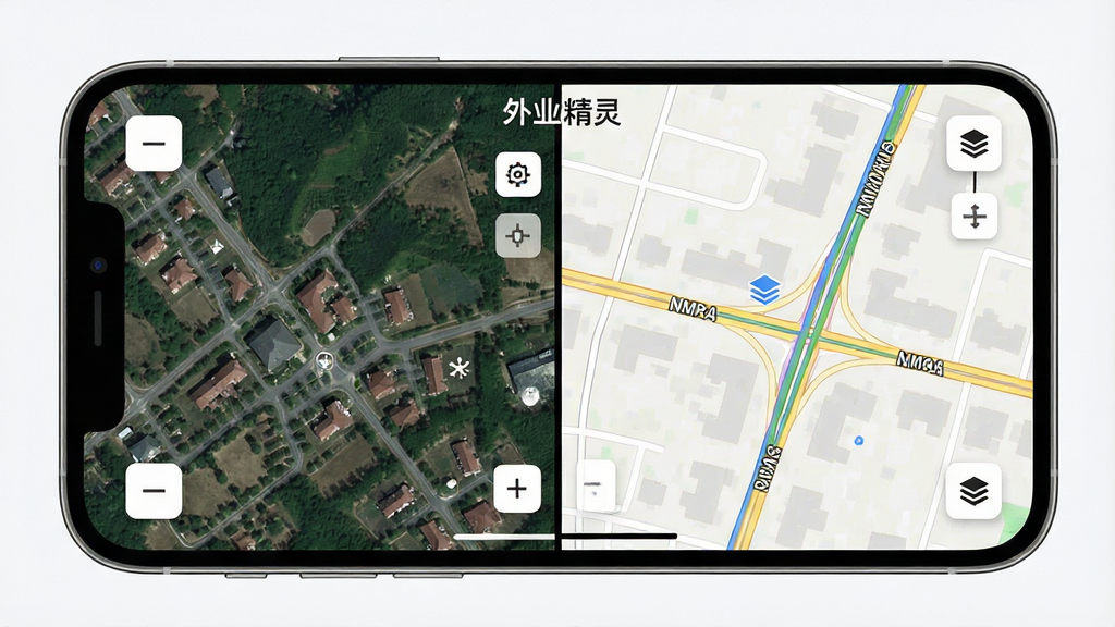 一张展示手机地图应用的界面截图,画面中一部手机横屏显示,屏幕上同时呈现卫星地图与高清地图的对比分屏效果,左侧为真实地表影像,右侧为清晰的道路线划图,界面顶部标注