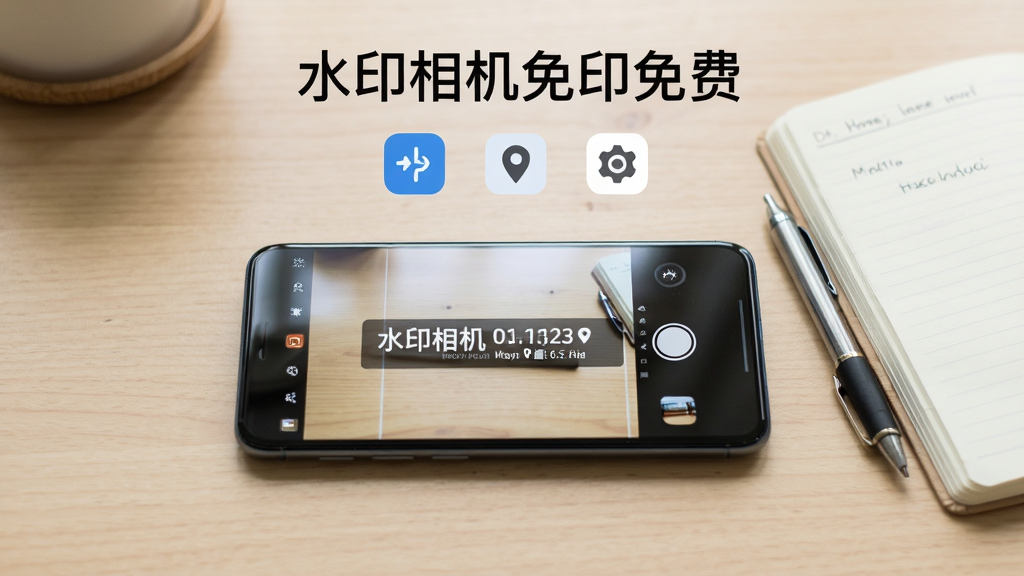 画面主体是一部安卓手机横放在浅色木质桌面上,手机屏幕显示水印相机水印免费软件的拍照取景界面,画面中央有带时间地点信息的半透明水印条,手机旁边摆放着一支笔和一本翻开的记录本;整体采用居中构图,上方留白放置软件名称文字“水印相机水印免费”,下方排列三个功能图标;风格为清爽简约的数码产品展示风,细节上体现屏幕反光、桌面纹理与柔和阴影;画质清晰干净,无多余装饰元素