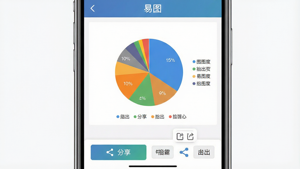 一张展示易图软件图表导出分享界面的效果图,主体为智能手机,屏幕上显示一张完成的饼图以及底部的分享按钮和导出选项,布局为居中图表加底部操作栏,风格为简洁的移动应用界面,细节包括饼图的彩色扇区、图例文字、导出格式选项、分享图标,屏幕上方有“易图”字样,画质高清,背景干净,无多余元素