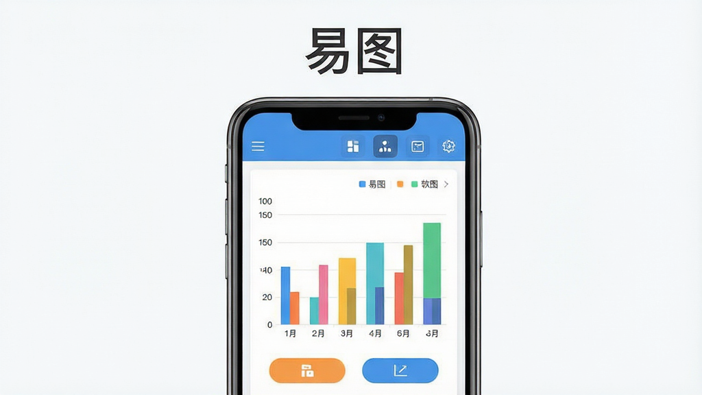 一张展示易图软件界面的效果图,主体为居中摆放的智能手机,手机屏幕上显示易图软件的数据录入界面和一张彩色柱状图,布局简洁,上方有软件名称“易图”字样,排版为手机正面视角,风格为清爽的扁平化UI设计,细节包括清晰的图表坐标轴、彩色数据柱、简洁的按钮图标,画质高清,背景干净,无多余元素