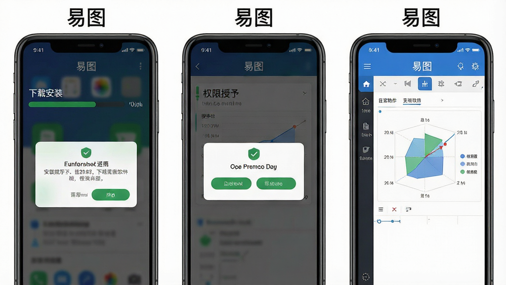 一张展示易图软件在手机上安装和使用的步骤示意图,主体为三部并排的手机屏幕,布局为从左到右依次展示下载安装、权限授予、图表制作三个环节,排版横向排列,风格为教程示意图风格,细节包括安装进度条、权限弹窗、图表编辑界面,每部手机屏幕上方标注“易图”字样,画质清晰,背景干净,无多余元素