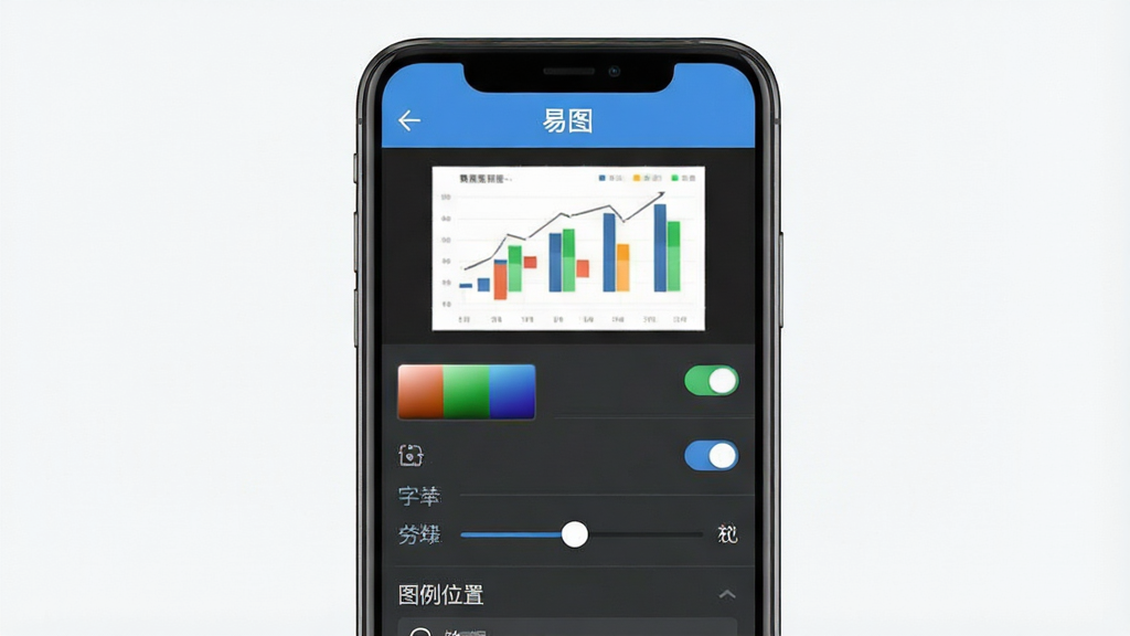 一张展示易图软件图表样式设置面板的效果图,主体为手机屏幕特写,布局为上方图表预览、下方设置选项列表,排版紧凑,风格为移动端应用设置界面,细节包括颜色选择器、开关按钮、字体大小滑块、图例位置选项,屏幕顶部显示“易图”标题栏,画质清晰,背景干净,无多余元素