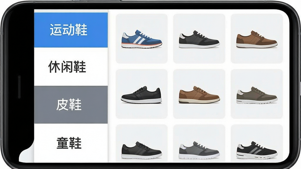 鞋库网应用内分类导航界面,画面主体为手机屏幕特写,屏幕左侧为纵向分类栏,包含运动鞋、休闲鞋、皮鞋、童鞋等文字标签,右侧为对应品类的鞋款缩略图网格,布局为左右分栏结构,风格为扁平化UI设计,细节包括分类标签选中高亮、缩略图排列整齐,画质清晰,画面干净,无多余元素