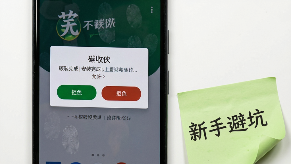 画面主体是一部安卓手机屏幕特写,显示“碳收侠”安装完成后的权限设置弹窗,弹窗中有允许与拒绝两个按钮;手机旁放置一张写有“新手避坑”字样的浅绿色便签;布局为手机居中偏左,便签位于右下方;排版上弹窗文字清晰可读;风格为写实教程风;细节上屏幕有轻微指纹痕迹、便签边缘自然卷曲;画质高清、干净、无多余元素