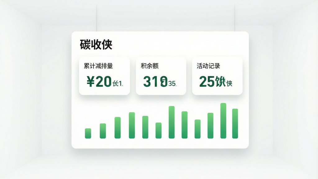 画面主体是一块悬浮在浅色空间中的数据看板,看板标题为“碳收侠”,上面分布着累计减排量、积分余额、活动记录三类卡片;看板下方有绿色渐变的数据柱状图;布局为居中悬浮展示,四周留白充足;排版上卡片间距均匀、标题醒目;风格为简约商务科技风;细节上卡片边缘有柔和阴影、数字使用深绿色;画质高清、干净、无多余元素
