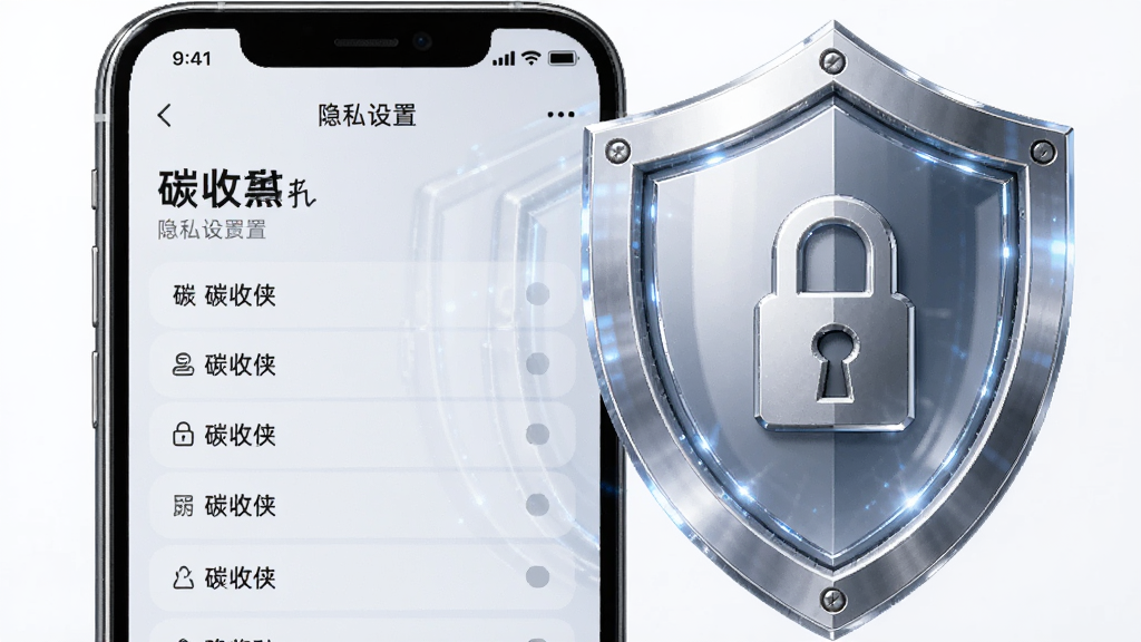 画面主体是一部手机与一个半透明的盾牌图标组合,手机屏幕显示“碳收侠”隐私设置页面,盾牌位于手机右上方并带有锁形符号;布局为左右呼应构图,手机居左、盾牌居右;排版上页面选项排列整齐;风格为安全科技风;细节上盾牌有金属质感、手机屏幕有轻微反光;画质清晰、干净、无多余元素