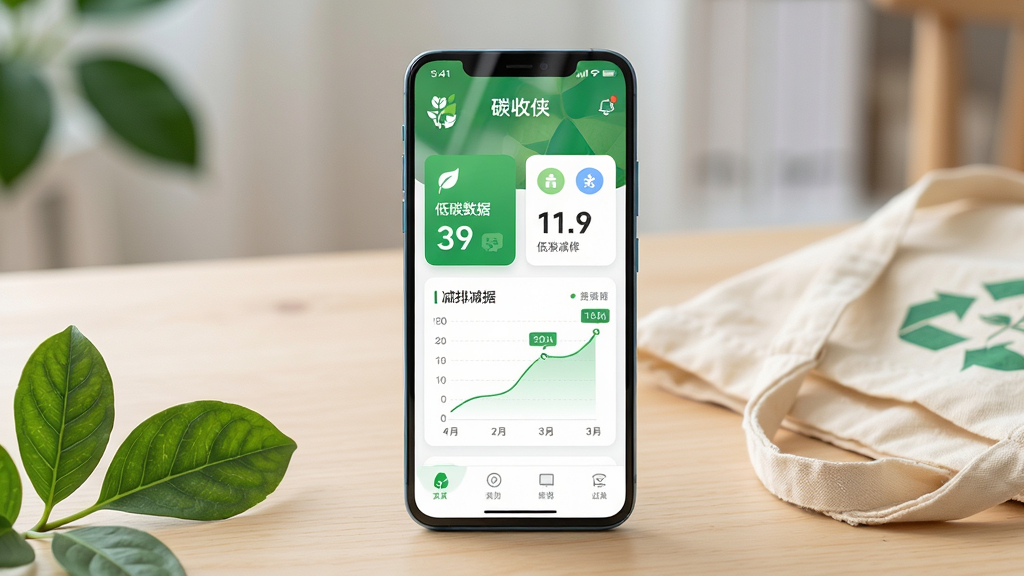画面主体是一部竖屏安卓手机,手机屏幕中显示“碳收侠”应用主界面,包含绿色低碳数据卡片与减排曲线图;手机放置在一张浅木色桌面上,旁边点缀几片绿叶与一个环保帆布袋;布局为居中构图,手机占画面视觉中心,背景简洁虚化;排版上应用界面文字清晰、图标整齐;风格为清新写实的产品展示风;细节上手机边框有轻微高光、屏幕反光自然、绿植叶脉可见;画质高清、干净、无多余元素