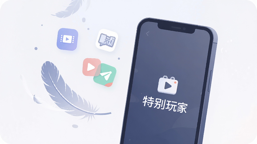 一张表现特别玩家软件轻量运行概念的插画,画面中一部手机旁边漂浮着轻飘飘的羽毛和简洁的图标,手机屏幕上显示