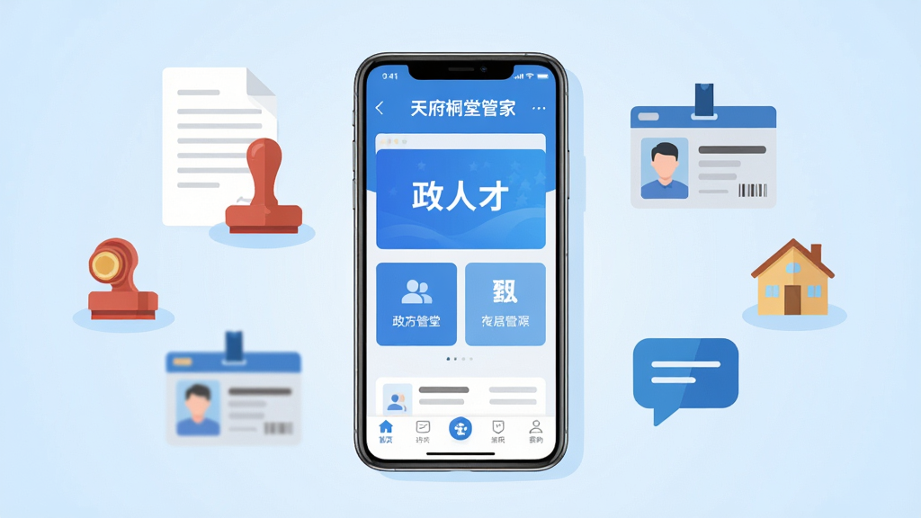 画面中央放置一部智能手机,屏幕显示蓝白色调的政务人才服务应用首页,界面有醒目的服务卡片和底部导航栏,手机周围环绕着文件、印章、身份卡、房屋、对话框等扁平化图标,背景为浅蓝渐变,整体采用简洁商务插画风格,布局疏密有致,细节干净,画质清晰,图中文字为“天府桐堂管家”,无多余元素