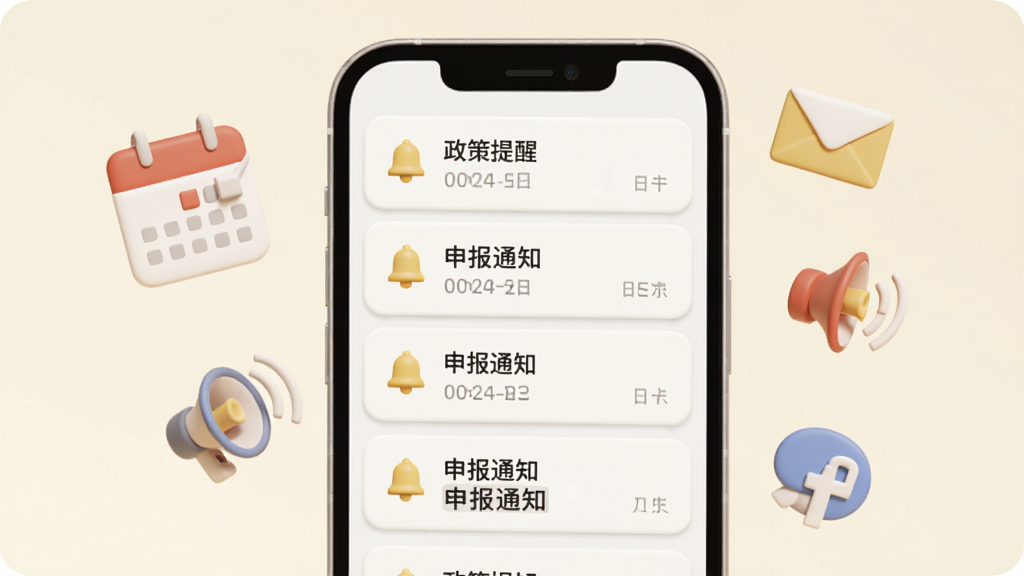 画面主体为一部手机屏幕,显示消息通知列表界面,每条通知带有小铃铛图标和日期标签,手机旁边漂浮着日历、信封、喇叭等立体小图标,背景为柔和的米白色,整体采用轻拟物风格,排版整齐,画质细腻,图中文字为“政策提醒”“申报通知”,干净无杂乱元素