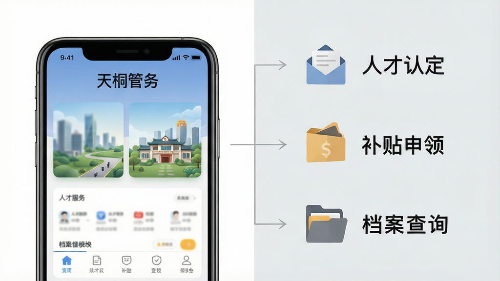 一张横向布局的信息图,左侧是“天府桐堂管家”应用界面截图样式,右侧依次排列人才认定、补贴申领、档案查询三个功能模块的扁平图标,中间用细箭头连接,背景为白色与浅灰拼接,风格清爽简约,画质干净,文字为“人才服务”“补贴申领”“档案查询”,无多余装饰元素