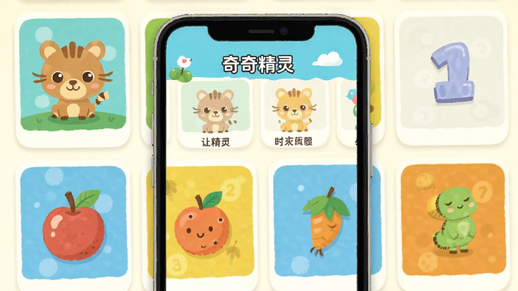 奇奇精灵应用界面截图风格插画,画面展示多个卡通认知卡片整齐排列,卡片上有动物水果数字图案,主体为手机屏幕内显示“奇奇精灵”界面,布局简洁明快,风格扁平化童趣,细节清晰,画质干净无杂乱