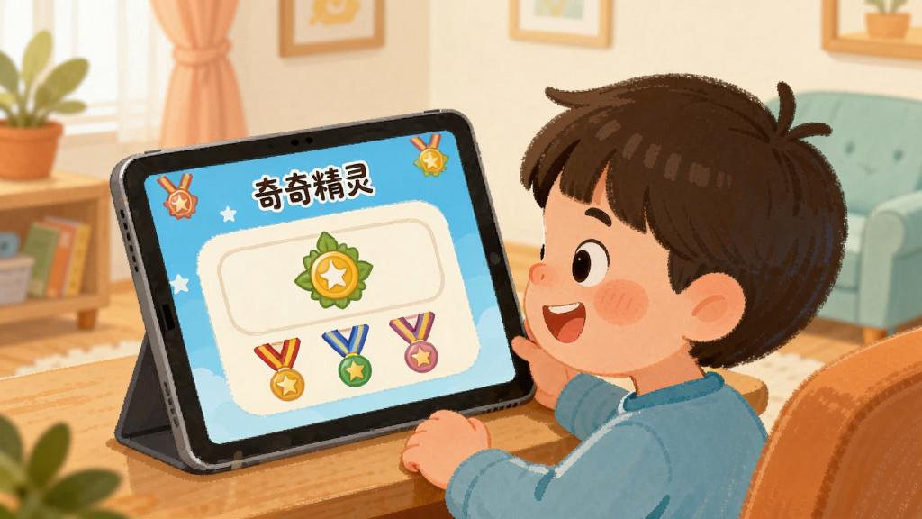 奇奇精灵亲子互动场景插画,画面中家长与孩子一起看着平板电脑屏幕,屏幕上显示“奇奇精灵”任务完成界面和彩色勋章,布局温馨居家环境,风格温暖柔和手绘感,细节表现亲子笑容与屏幕内容,画质清晰干净