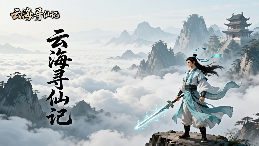 主体为一位身着青白色道袍的仙侠修士立于云海山巅,背景是层叠的远山与翻涌的云海,左侧竖排书写“云海寻仙记”五个字,布局采用竖版手机海报比例,修士位于画面右下三分之一处,左上留白放置游戏名称,风格为国风写意水墨与数字绘画结合,细节包括飘动的衣袂、发光的飞剑、远处若隐若现的楼阁,画质清晰干净,无多余元素
