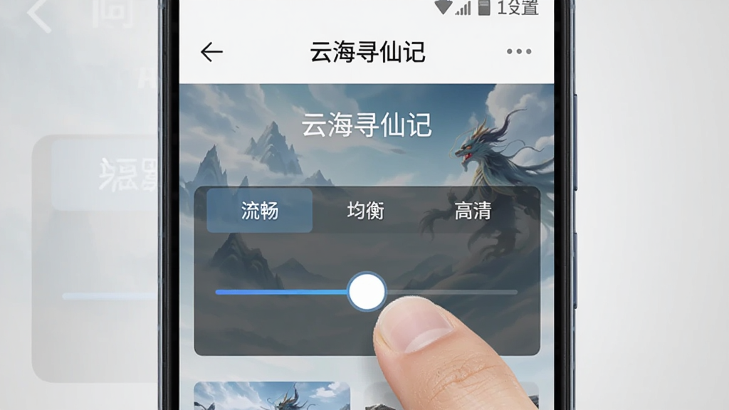 主体为一部安卓手机屏幕显示“云海寻仙记”设置界面中的画质调节滑块,画面中央为手机正视图,布局为竖版居中构图,风格为简洁产品展示风,细节包括屏幕上的流畅/均衡/高清三档选项、手指点击滑块的动作、背景为浅灰色渐变,画质清晰干净,无多余元素