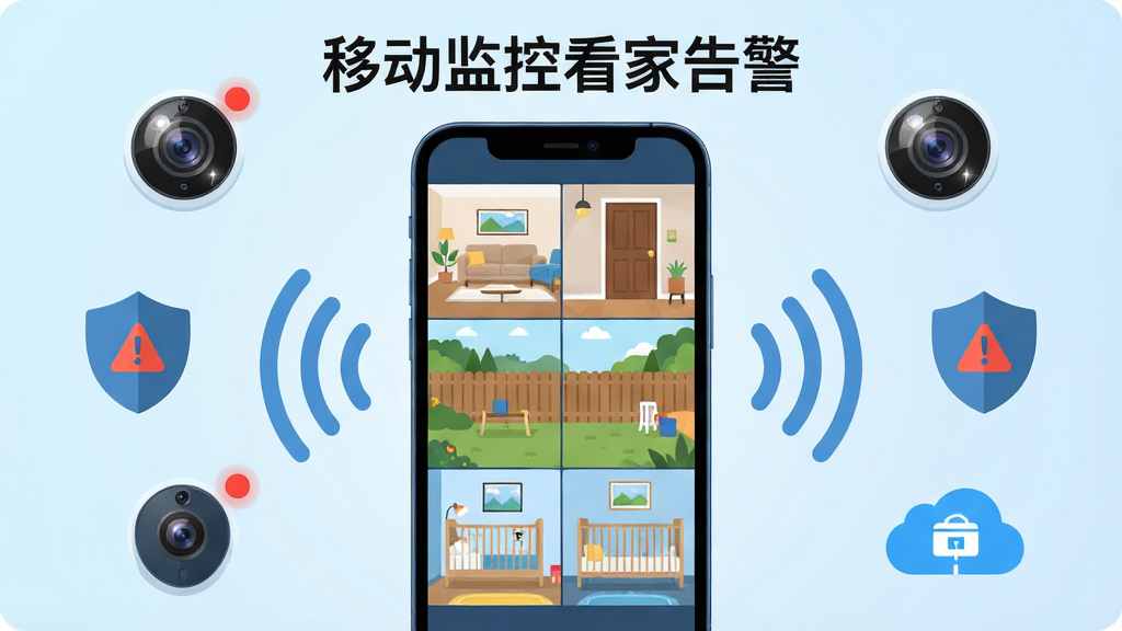 画面主体是一部竖屏智能手机居中放置,屏幕内显示四宫格监控画面,分别是客厅、门口、后院与婴儿房场景,手机周围环绕无线摄像头、WiFi信号波纹、盾牌告警图标与云存储符号,布局采用左右对称的科技感构图,排版上手机占画面中心百分之四十,四周元素均匀分布,风格为清爽扁平化插画风,细节包括摄像头镜头高光、告警红色小圆点、淡蓝色渐变背景,画质高清、干净、无多余元素,画面中可出现文字“移动监控看家告警”作为标题置于顶部