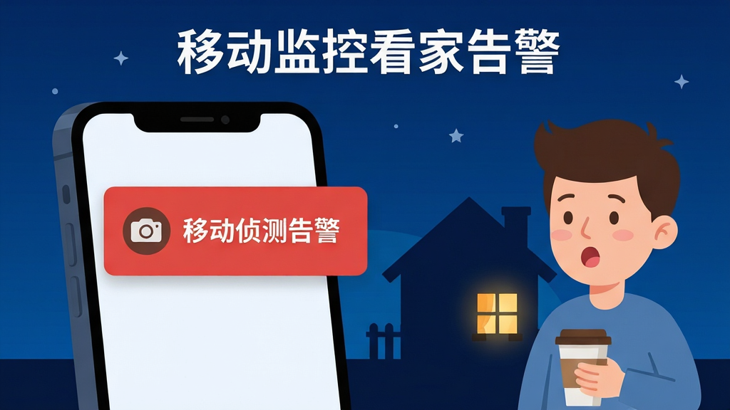 画面主体是一部手机屏幕弹出红色告警通知卡片,卡片上显示摄像头图标与“移动侦测告警”字样,手机旁边站立一位惊讶表情的卡通人物,背景为深蓝色夜空与房屋剪影,布局为左手机右人物、告警卡片位于画面上方三分之一处,风格为扁平卡通插画,细节包括通知卡片的红色边框、人物手中的咖啡杯、房屋窗户透出的暖光,画质高清、干净、无多余元素,画面顶部可写文字“移动监控看家告警”