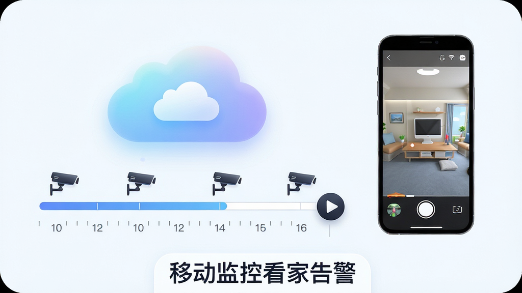 画面主体是一个悬浮的云端存储图标与一张时间轴进度条并排展示,时间轴上分布多个摄像头小图标代表不同时间段的录像片段,旁边有一部手机正在播放录像画面,布局为左中右横向排列,风格为轻盈的矢量插画,细节包括云朵的柔和渐变、时间轴的刻度线、播放按钮的三角形高光,画质高清、干净、无多余元素,画面中可出现文字“移动监控看家告警”作为底部标签