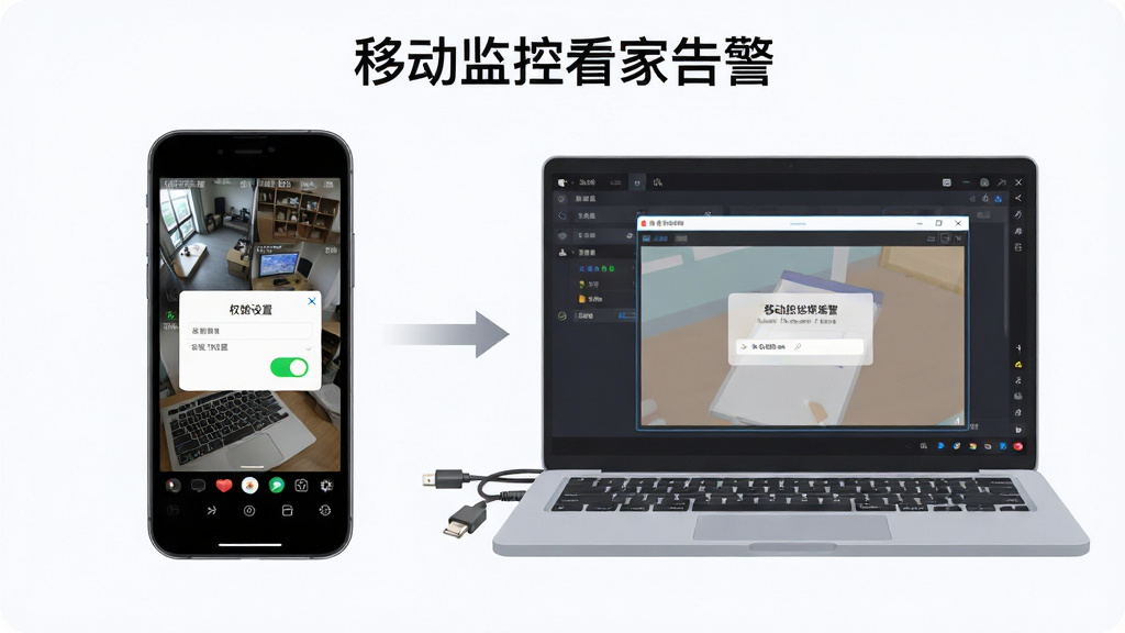 画面主体是一部手机与一台笔记本电脑并排,手机屏幕显示监控画面与权限设置弹窗,电脑屏幕显示模拟器运行界面,两者之间有箭头连接表示操作迁移,布局为左右对照式构图,风格为简洁说明性插画,细节包括权限开关的绿色高亮、模拟器窗口的边框、桌面上的数据线,画质高清、干净、无多余元素,画面中可出现文字“移动监控看家告警”作为标题