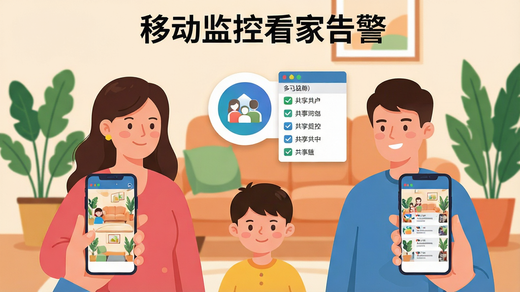 画面主体是一个家庭群组场景,三位家庭成员各自拿着手机,手机屏幕内显示相同的监控画面,画面中央上方悬浮一个家庭共享图标与多设备列表窗口,布局为三角形人物站位、中心为共享图标,风格为温馨扁平插画,细节包括人物衣着色彩区分、设备列表的勾选状态、背景中的绿植与沙发,画质高清、干净、无多余元素,画面顶部可标注文字“移动监控看家告警”