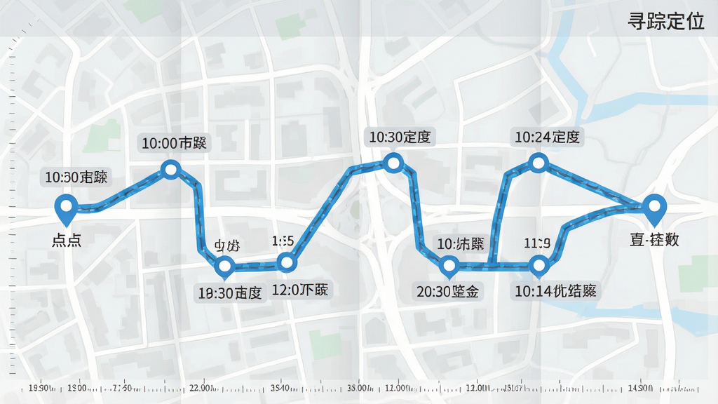 一张横向展开的地图轨迹示意图,画面中一条蓝色折线串联多个圆形停留点,每个停留点旁标注时间标签,地图背景为浅灰色街区纹理,右上角放置“寻踪定位”小字标识,布局为横向铺满、轨迹居中,风格为信息图表式扁平设计,细节包含起点终点图标与时间刻度,画质高清、画面干净、无多余元素