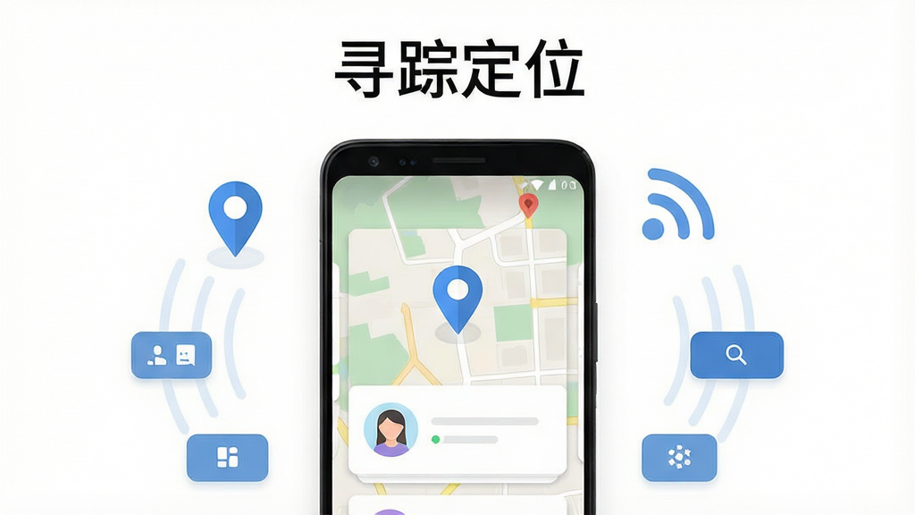 一张展示寻踪定位手机应用主界面的场景图,画面中央是一部竖屏安卓手机,屏幕内显示地图与位置标记卡片,手机周围环绕定位图标、信号波纹与简约功能按钮,布局为居中构图、上方留白放置软件名称“寻踪定位”,整体风格清爽现代、扁平化设计,细节包含蓝色定位针、圆形头像标记与浅色地图底纹,画质高清、画面干净、无多余元素