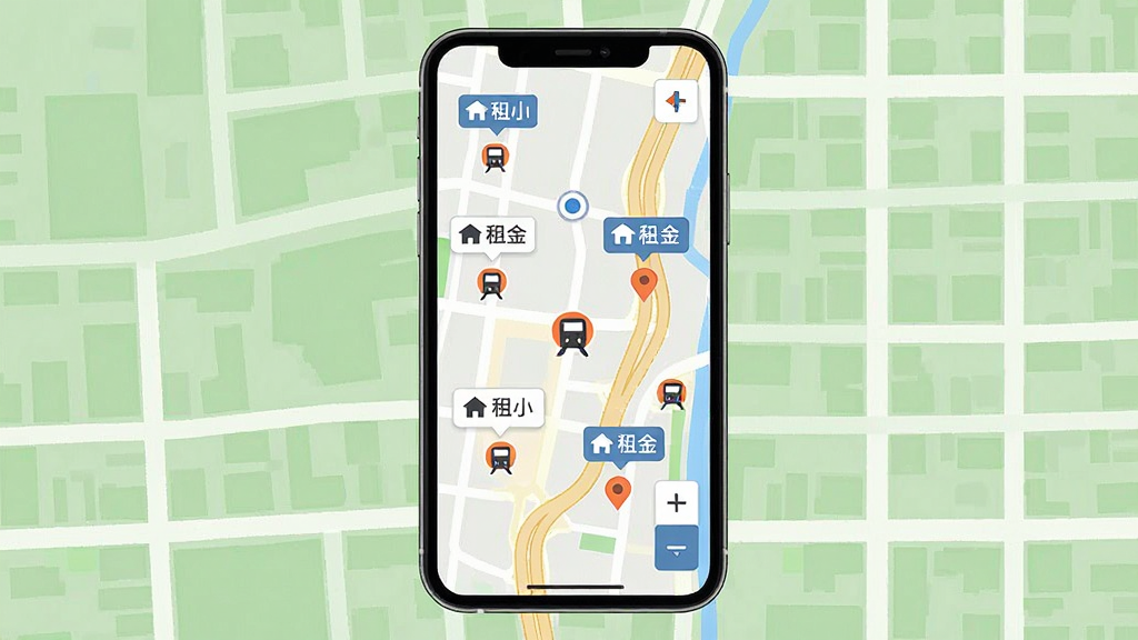 一张表现地图找房模式的图片,主体为手机屏幕中的城市地图与房源标记点,地图上标注地铁站图标与租金气泡,背景为浅绿色地块与道路网格,布局为手机居中、地图铺满屏幕,风格清新扁平,细节包含定位圆点与缩放按钮,画质清晰,画面干净,无多余元素