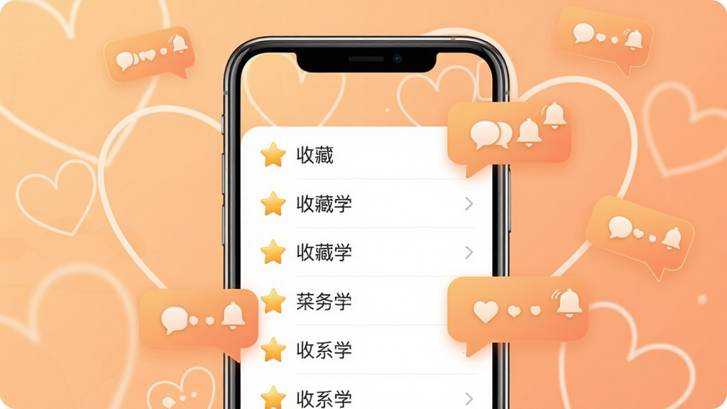 一张展示收藏与联系提醒功能的图片,主体为手机界面中的收藏列表与消息气泡图标,背景为柔和橙色渐变与心形装饰线条,布局为手机居中、气泡环绕,风格温暖亲切,细节包含收藏星标与铃铛提醒图标,画质高清,画面干净,无多余元素