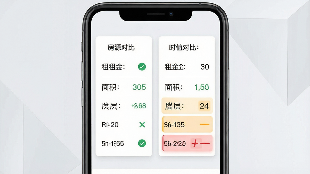 一张展示房源对比功能的图片,主体为手机屏幕上的双栏对比卡片,左右两侧分别列出租金、面积、楼层等条目,背景为淡灰色几何图形,布局为左右分栏居中,风格简洁商务,细节包含对勾标记与高亮差异项,画质高清,画面干净,无多余元素