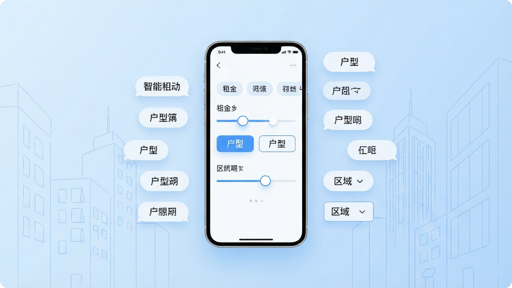 一张表现智能筛选功能的画面,主体为悬浮的手机界面,屏幕上显示多个筛选标签与滑动条,背景为浅蓝色渐变与城市街区线条,布局为手机居中、标签环绕,风格现代简约,细节包含租金滑块、户型按钮、区域下拉框,画质清晰,画面干净,无多余元素