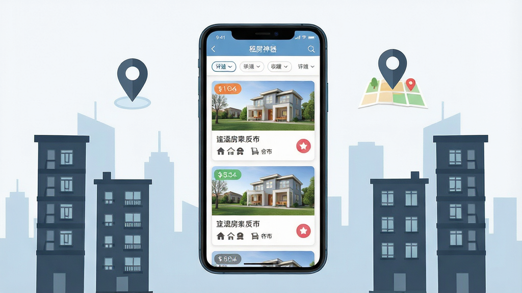 一张展示手机租房找房神器应用界面的场景图,画面中央是一部竖屏智能手机,屏幕内呈现房源列表卡片与筛选条件栏,周围环绕城市公寓楼剪影与地图定位图标,布局为居中对称,风格清爽扁平化,细节包含租金标签、户型图标、收藏按钮,画质高清,画面干净,无多余元素
