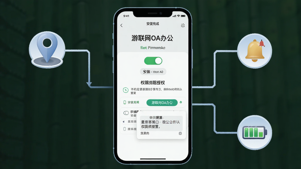一张表现手机应用安装与权限设置的示意图,画面主体是手机屏幕显示“游联网OA办公”安装完成页面与权限授权弹窗,旁边有定位图标、通知铃铛图标、电池图标以连线方式指向手机,布局为居中环绕构图,风格为简洁科技插画,细节包括权限开关状态、提示文字框,画质清晰干净无多余元素