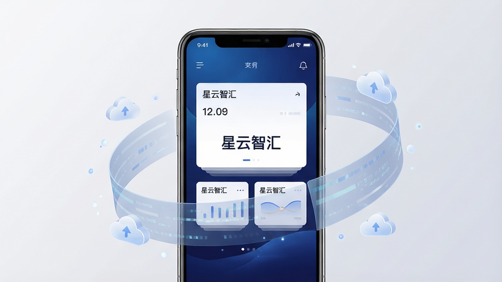 画面中央展示一部智能手机,屏幕内呈现星云智汇应用主界面,界面采用深蓝渐变底色搭配白色数据卡片,卡片上标注“星云智汇”字样,手机周围环绕半透明的数据流线条与云朵图标,背景为干净的浅灰色渐变,整体风格简洁科技感,布局居中对称,画质清晰锐利,无多余装饰元素