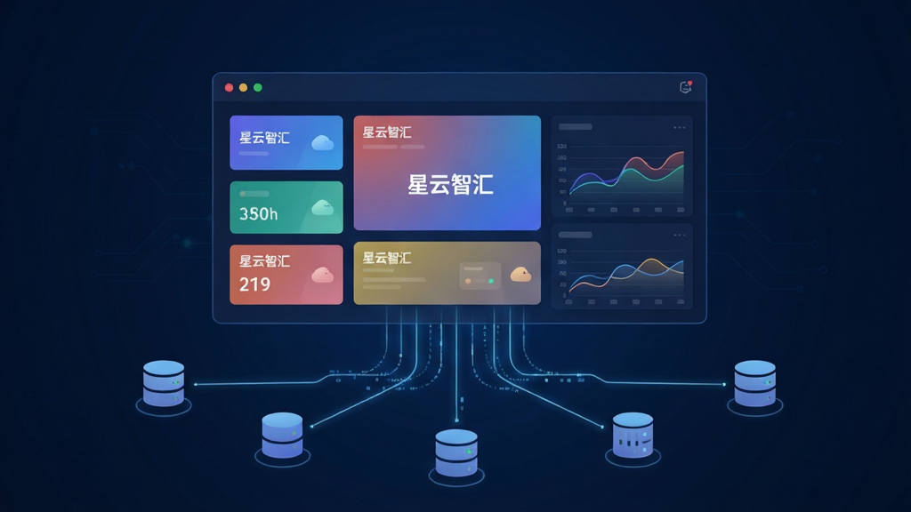 画面主体为一块悬浮的虚拟数据看板,看板上排列多个彩色数据卡片与折线图,卡片标题隐约可见“星云智汇”四字,看板下方延伸出多条光线连接不同形状的数据库图标,背景为深色科技蓝,布局采用中心放射式构图,风格现代简约,细节清晰,画质干净无噪点