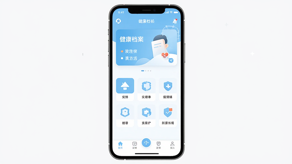 手机屏幕居中展示医路轻松应用主界面,浅蓝与白色配色,上方为健康档案卡片,中部为功能图标网格,下方为导航栏,整体布局简洁,扁平化UI风格,细节清晰,高清画质,干净无多余元素