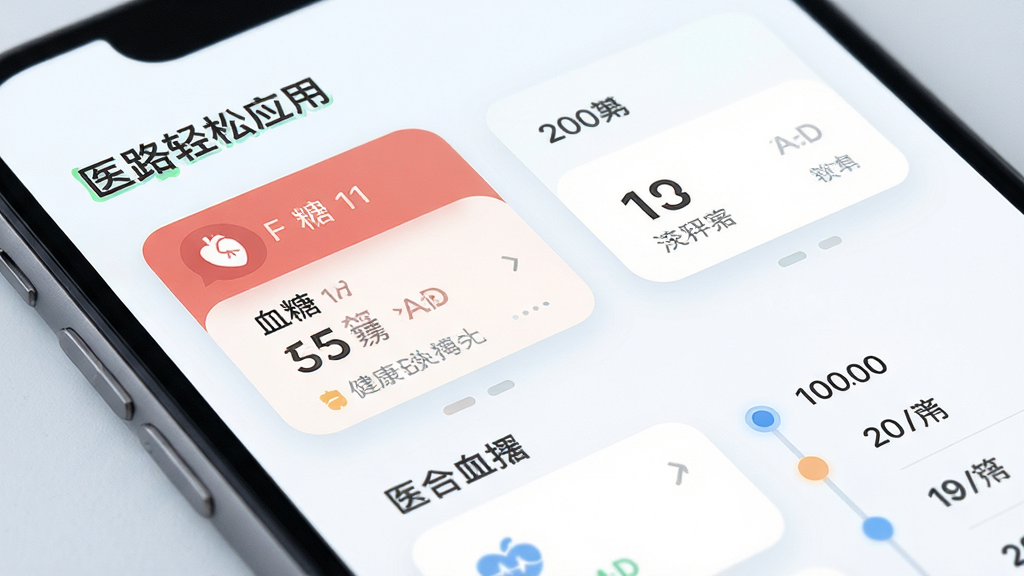 医路轻松应用内健康档案页面特写,显示血压血糖记录卡片与时间轴列表,浅色背景,卡片圆角设计,界面文字清晰,扁平化风格,高清画质,干净整洁
