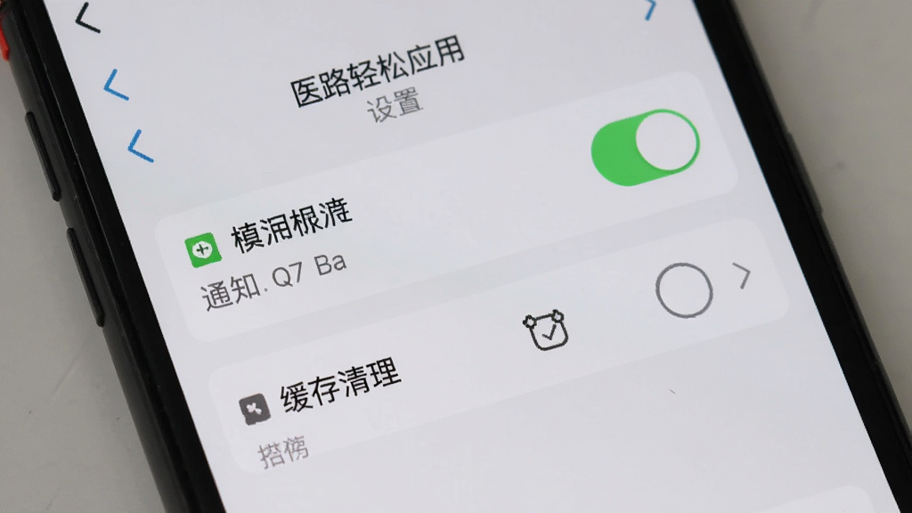 手机屏幕显示医路轻松应用设置页面,通知权限开关与缓存清理选项清晰可见,浅灰色背景,列表式布局,扁平化设计,高清画质,画面简洁