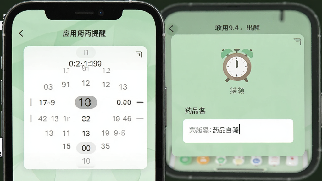 医路轻松应用用药提醒设置界面,手机屏幕显示时间选择器与药品名称输入框,旁边有闹钟图标,浅绿色调,卡片式布局,扁平化设计,高清画质,画面干净