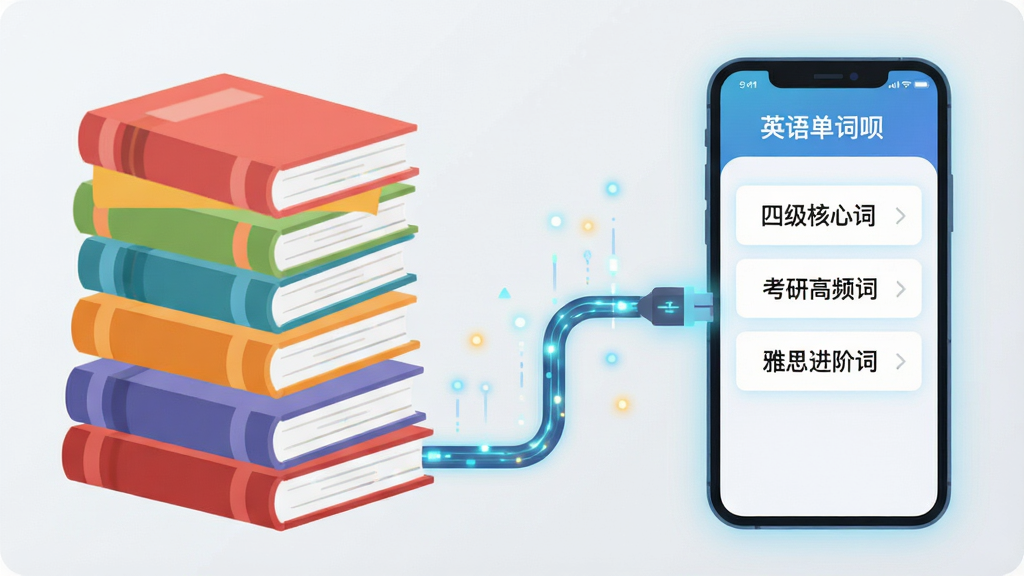 画面左侧是一摞彩色书本代表不同词库,右侧是一部手机屏幕显示“英语单词呗”词库选择界面,界面内列出“四级核心词”“考研高频词”“雅思进阶词”等条目,中间用一条发光的数据线连接书本与手机,整体布局为左右对比构图,风格为现代扁平插画,细节上书本颜色各异、手机屏幕带微光、背景为浅灰白、数据线上有流动的光点,画质高清、画面干净、无多余元素