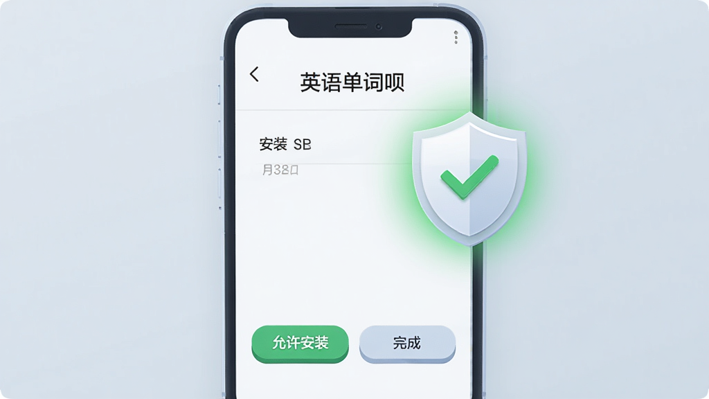 画面中央一部手机屏幕显示“英语单词呗”的安装权限设置界面,旁边漂浮着一个盾牌图标与对勾标记,手机下方有“允许安装”“完成”两个按钮,整体布局为居中构图,风格为简洁安全提示插画,细节上盾牌带绿色光晕、背景为浅灰蓝、按钮有轻微立体感、手机边框简洁,画质高清、画面干净、无多余元素