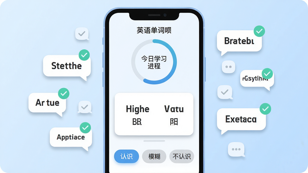 画面中央一部竖屏智能手机,屏幕内显示“英语单词呗”应用主界面,界面上方是今日学习进度环,中间是单词卡片区域展示英文单词与中文释义,下方是“认识”“模糊”“不认识”三个操作按钮,手机周围漂浮着若干英文单词气泡与对勾图标,整体布局为居中对称构图,风格为清爽扁平化UI插画,细节上手机边框圆润、背景为浅蓝渐变、单词卡片带轻微投影,画质高清、画面干净、无多余元素